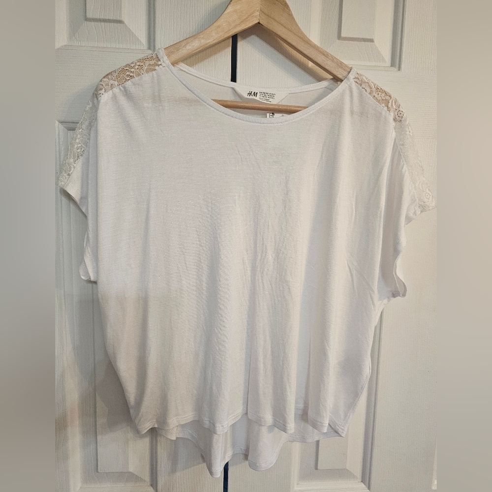 H&M Girls Jersey White Lace Top Size 10-12Y